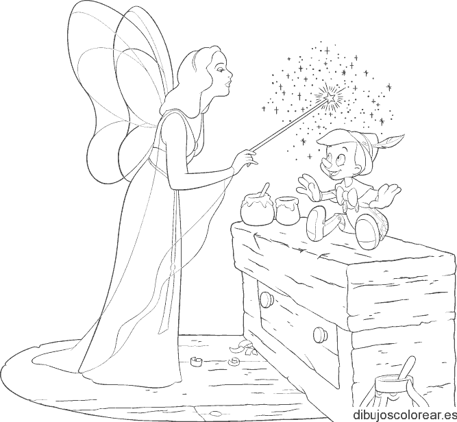 Dibujo de Pinocho y su hada madrina