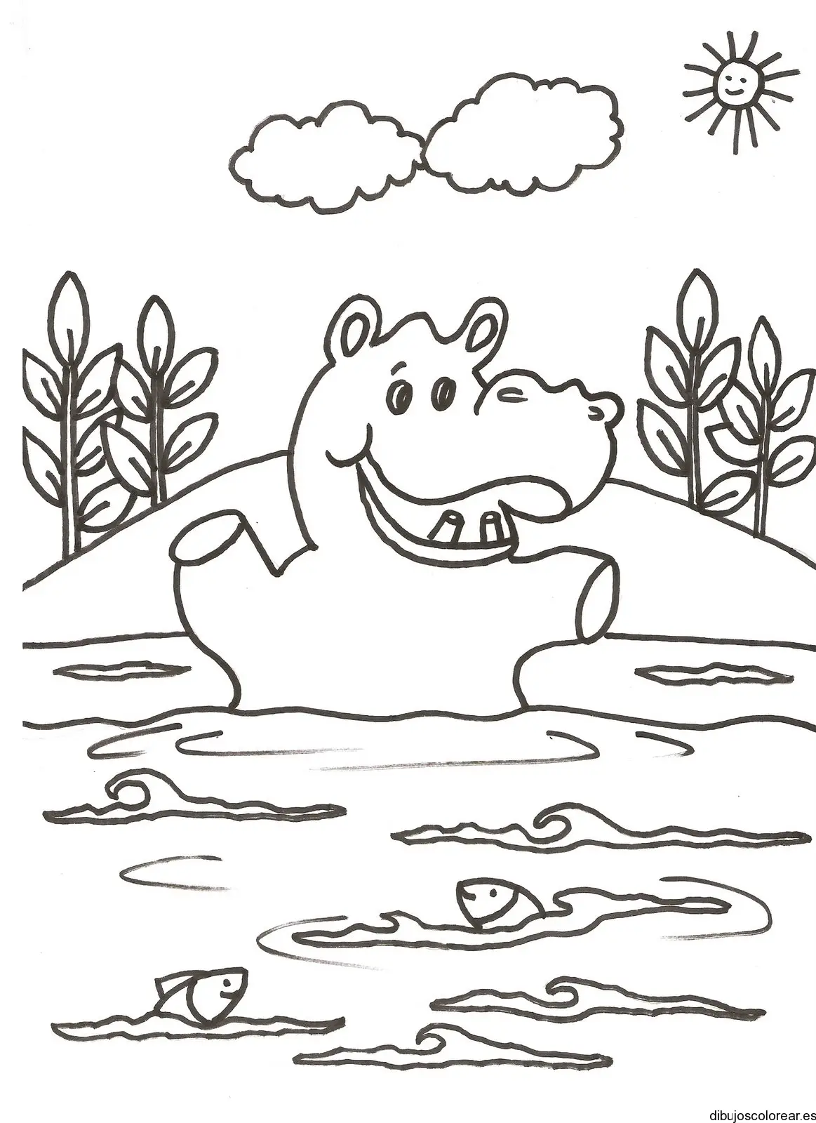 Dibujo de un hipopótamo con peces 