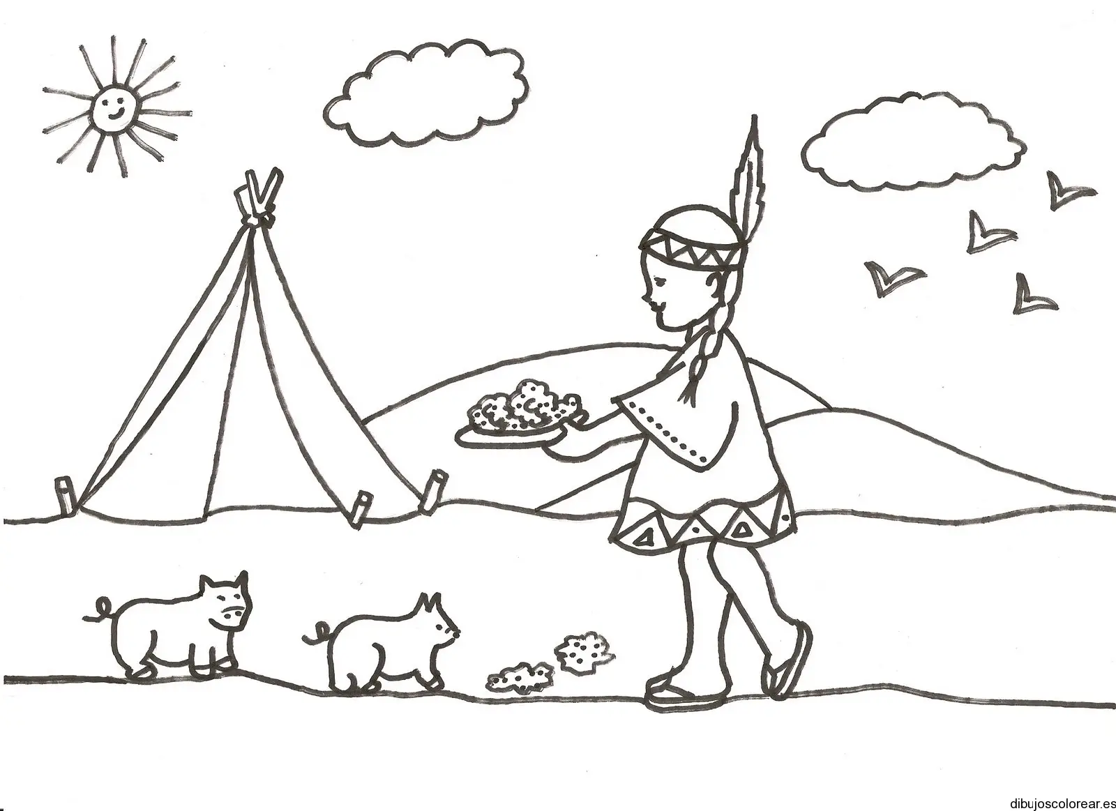Dibujo de una niña indigena y dos cerditos