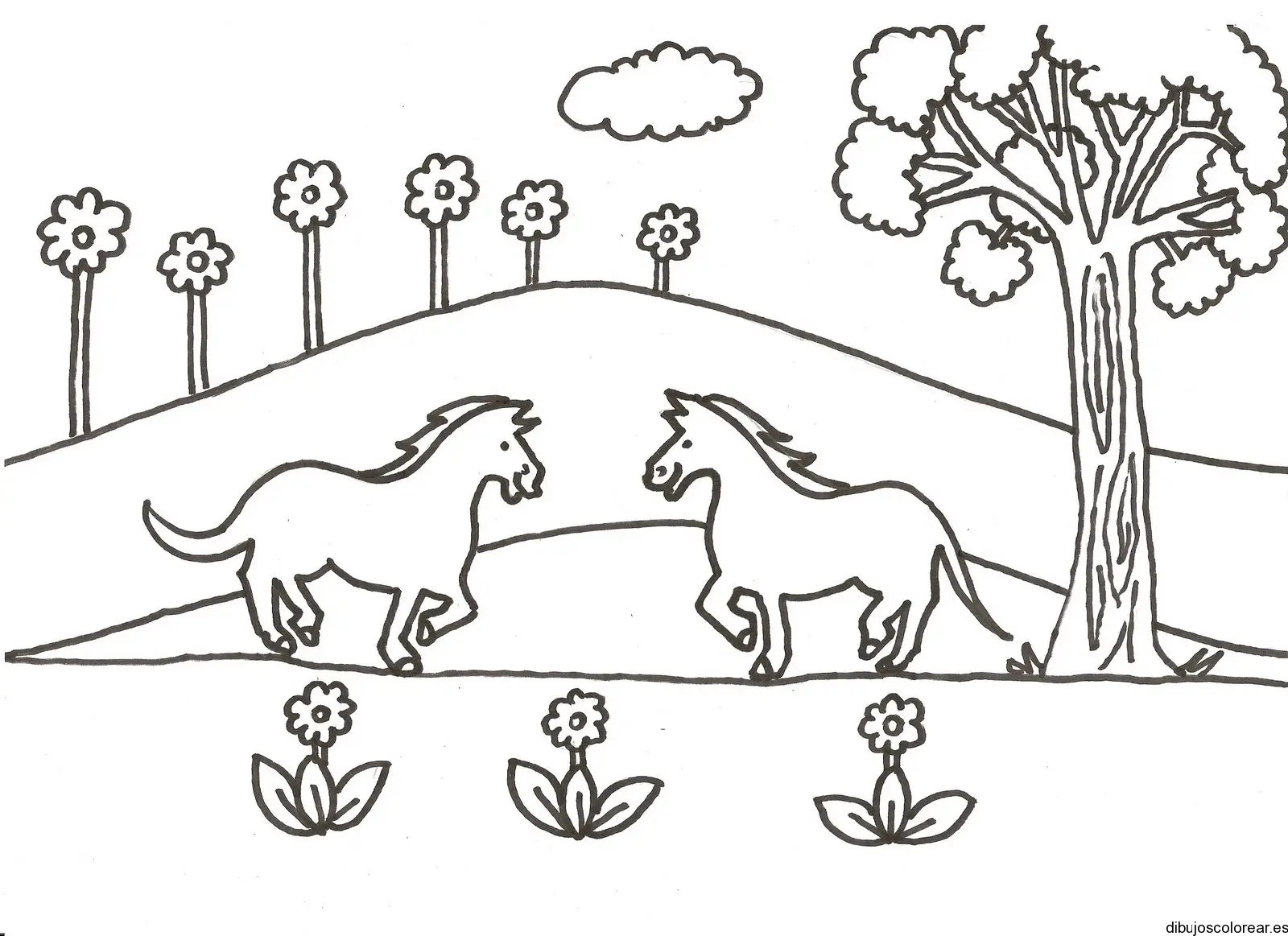 Dibujo de dos caballos paseando por el campo