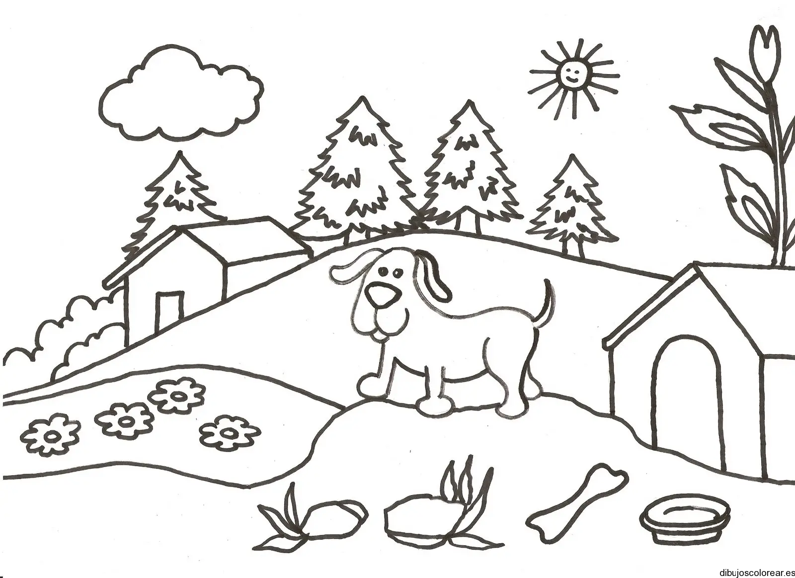 Dibujo de un perrito paseando por el jardín