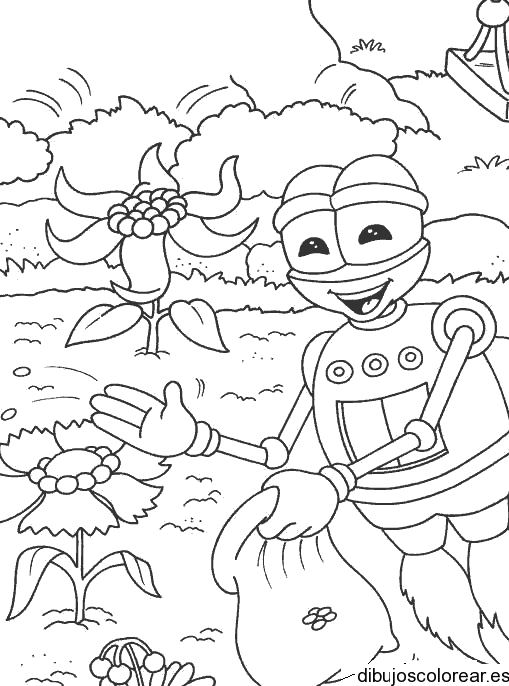Dibujo de un robot en el jardín