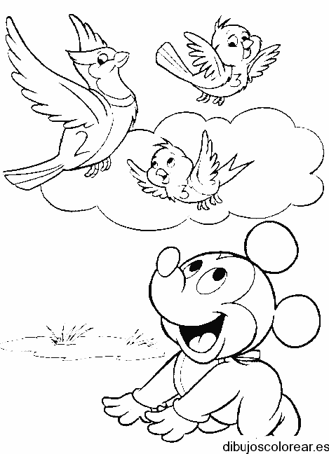 Dibujo de Mickey Mouse y pájaros