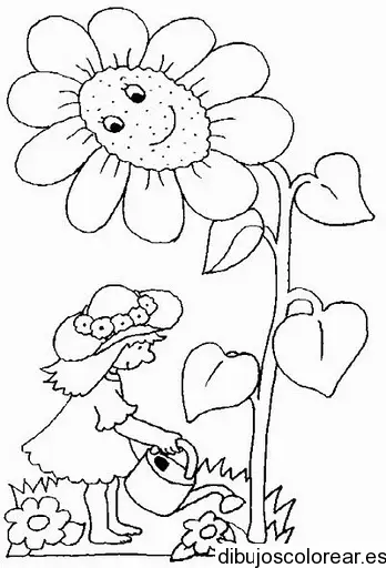 Dibujo de una niña regando un enorme girasol