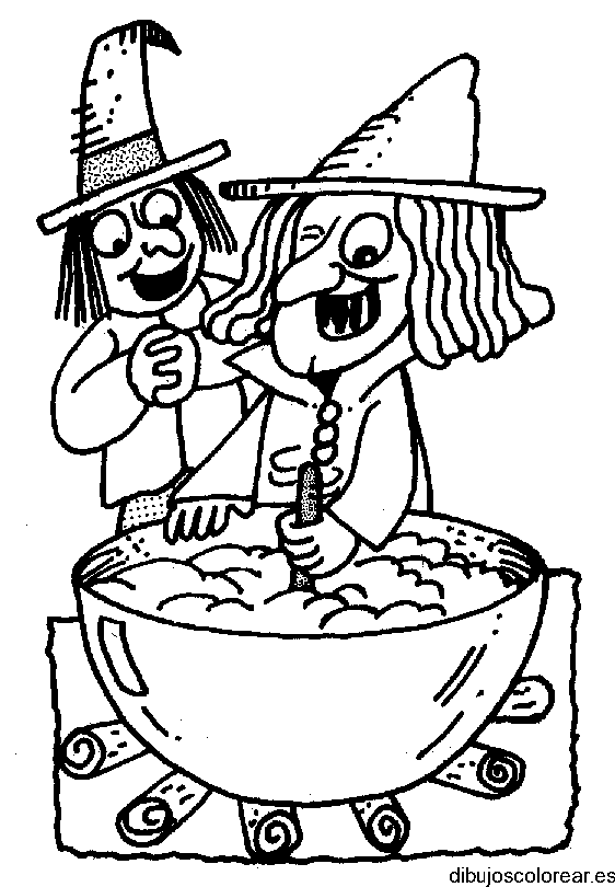 Dibujo de una pareja de brujas con su caldero 