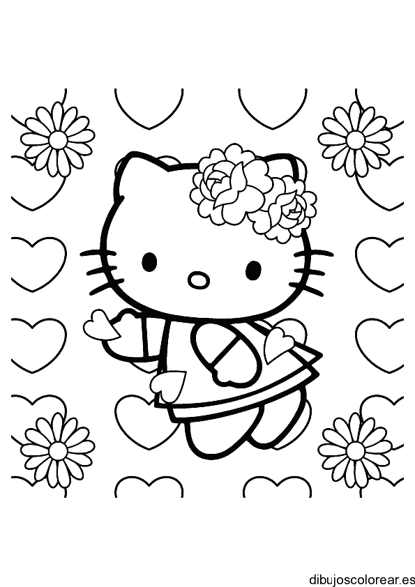 Dibujo de Hello Kitty entre corazones y flores