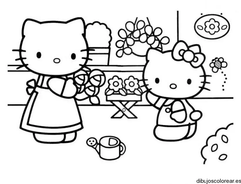 Dibujo de Hello Kitty sembrando flores