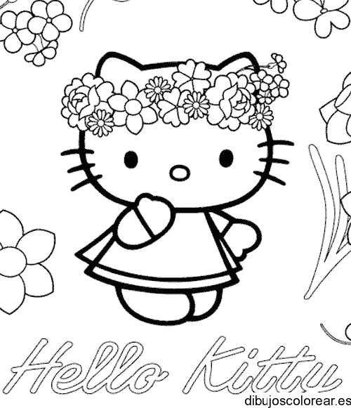 Dibujo de Hello Kitty con una corona de flores