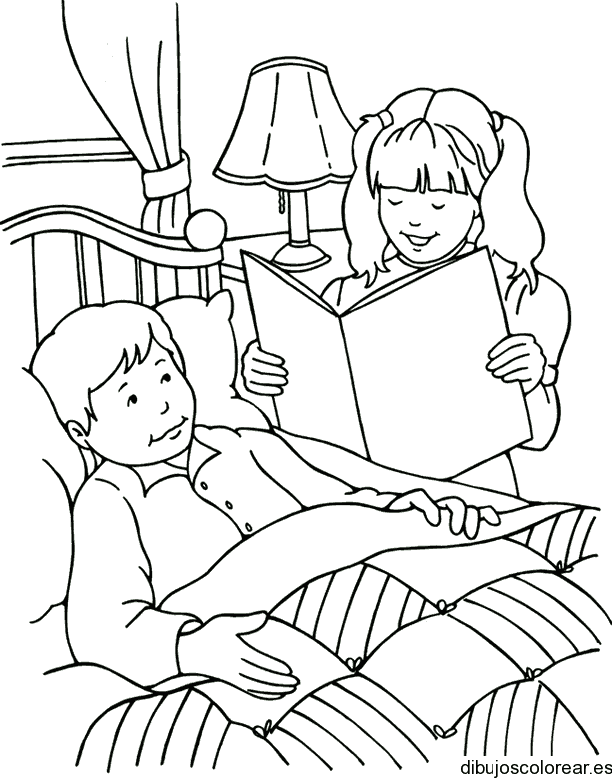 Dibujo de una niña leyendo a su hermano enfermo