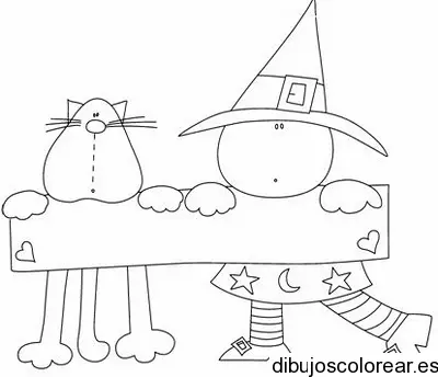 Dibujo de una bruja y un gato