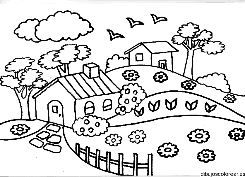 Dibujo de dos casas entre las flores