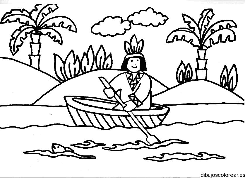 Dibujo de un indio en canoa