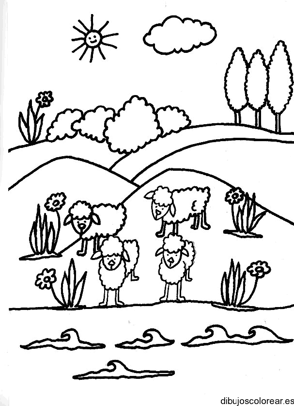 Dibujo de ovejas a la orilla de un río 