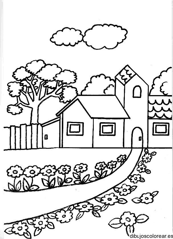 Dibujo de una casa con un camino con flores