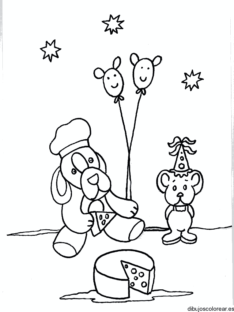 Dibujo de un perrito y un ratón comiendo queso