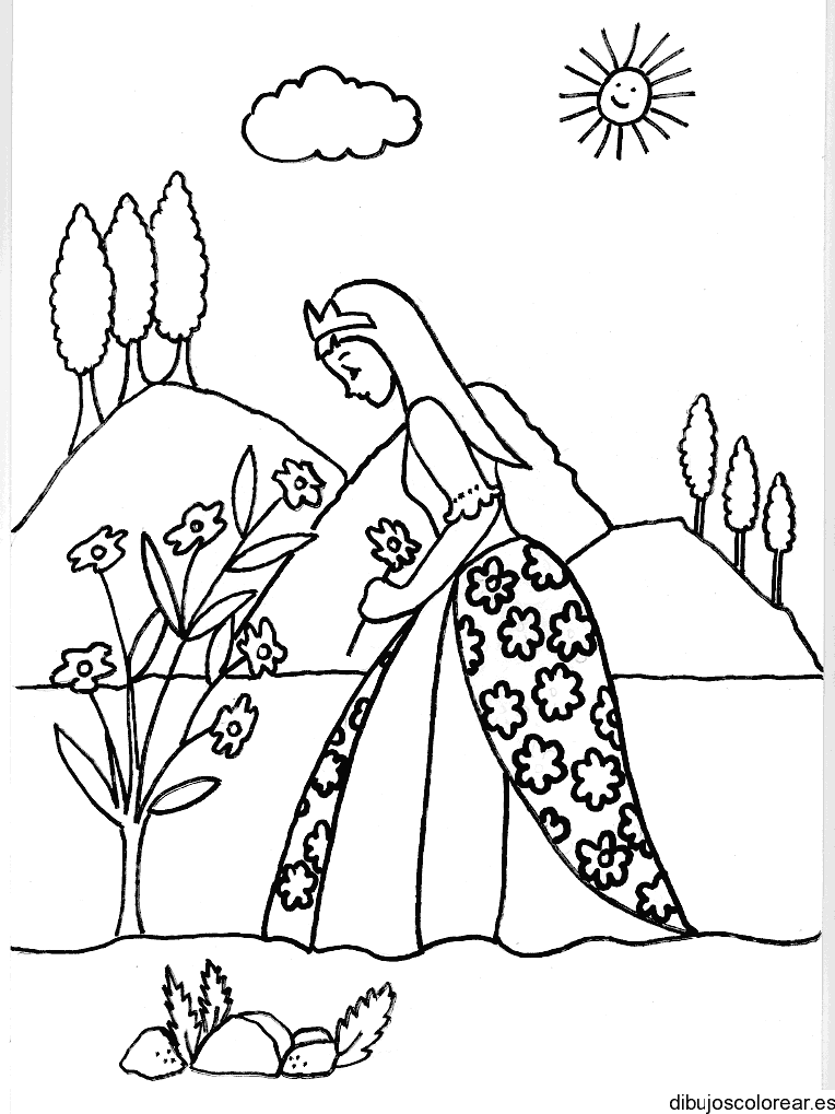 Dibujo de una princesa paseando por el jardìn