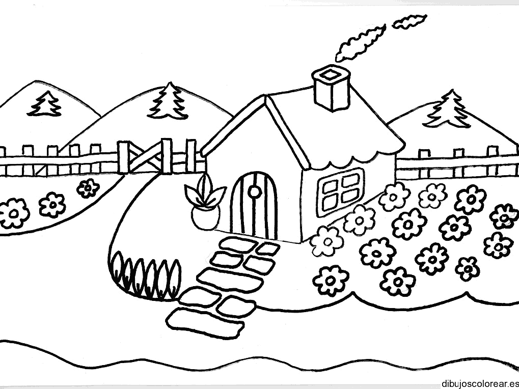 Dibujo de una casa con flores alrededor