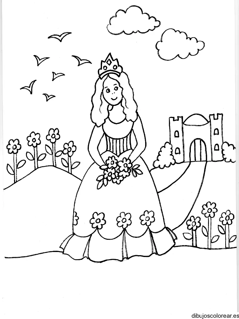 Dibujo de una princesa paseando en el jardín