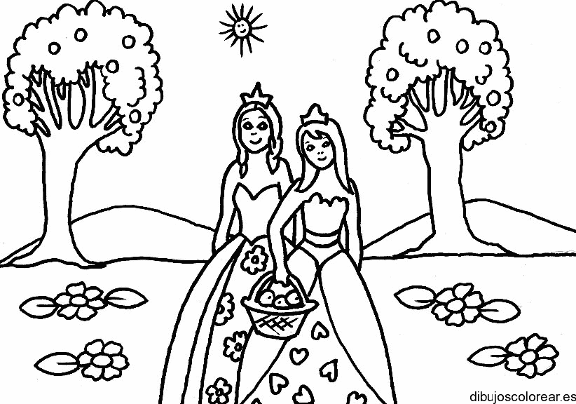 Dibujo de dos princesas paseando en el jardín