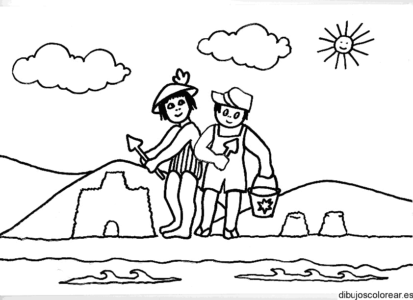 Dibujo de dos niños en la playa