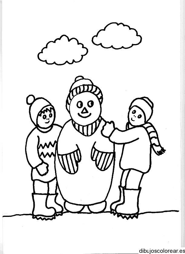 Dibujo de dos niños con muñeco de nieve