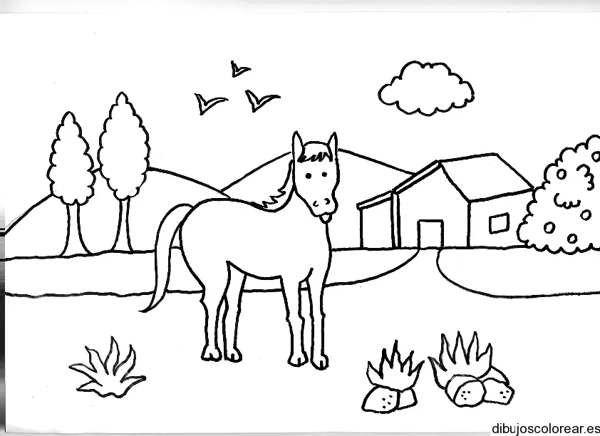 Dibujo de un caballo y una granja
