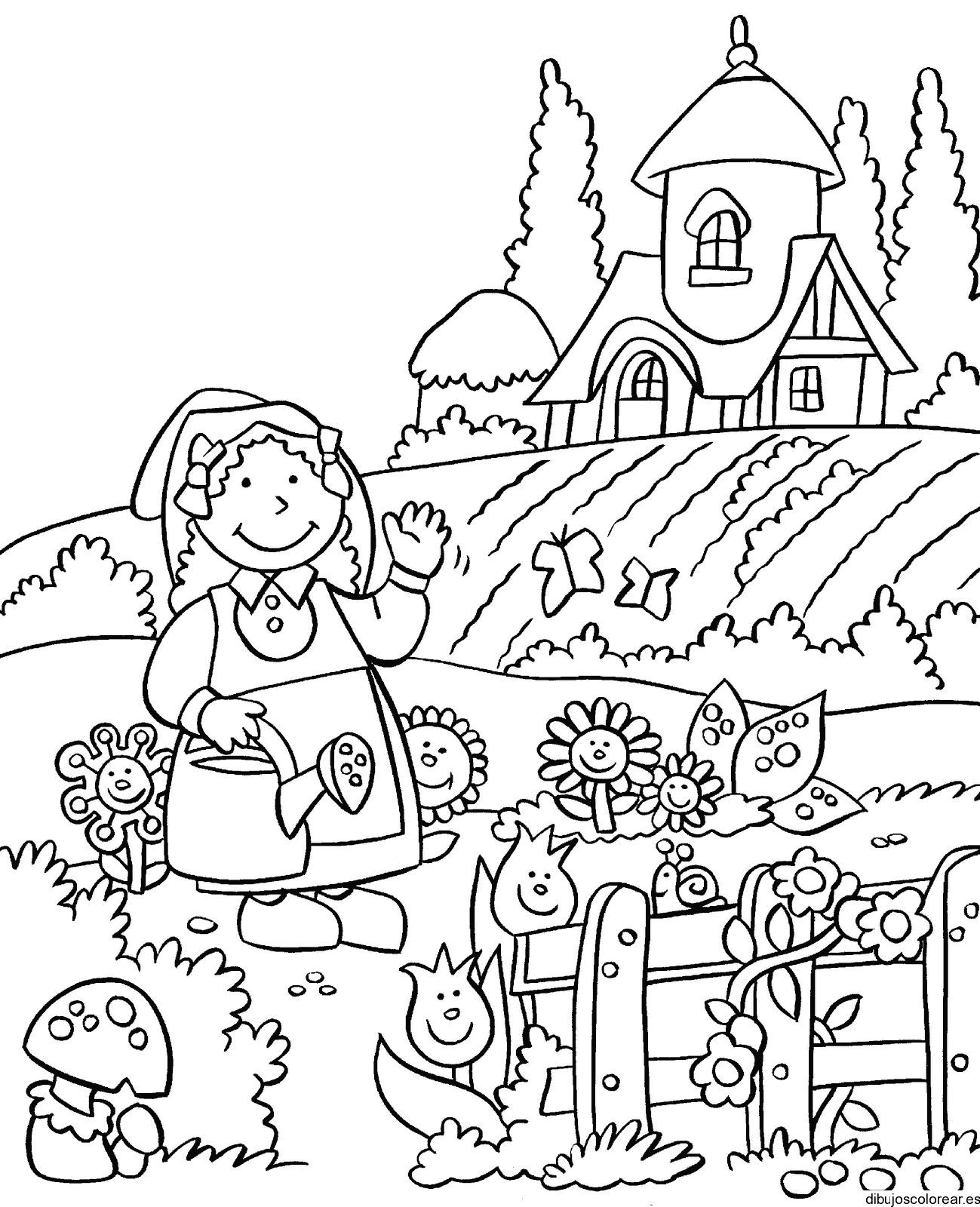 Dibujo de una pequeña granjera en su casa 
