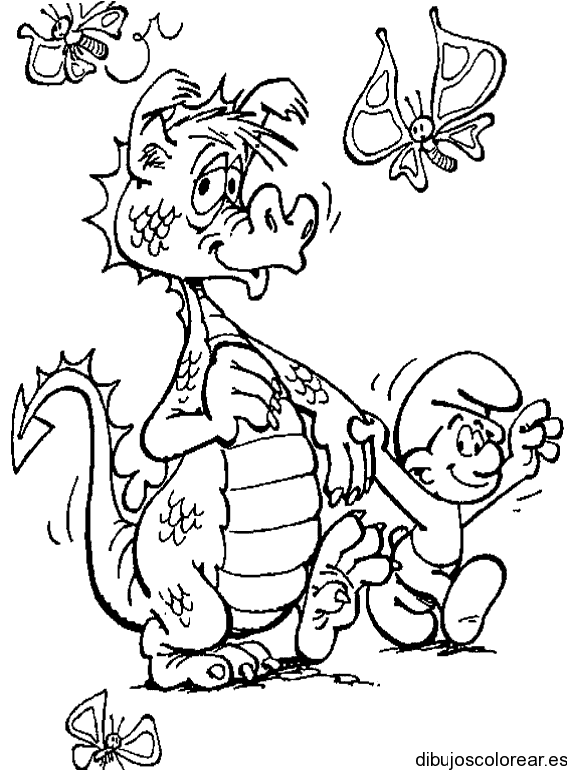 Dibujo de un pitufo con un dragón