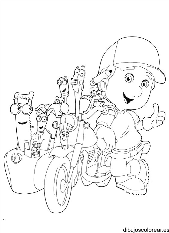 Dibujo de Manny Manitas con una moto