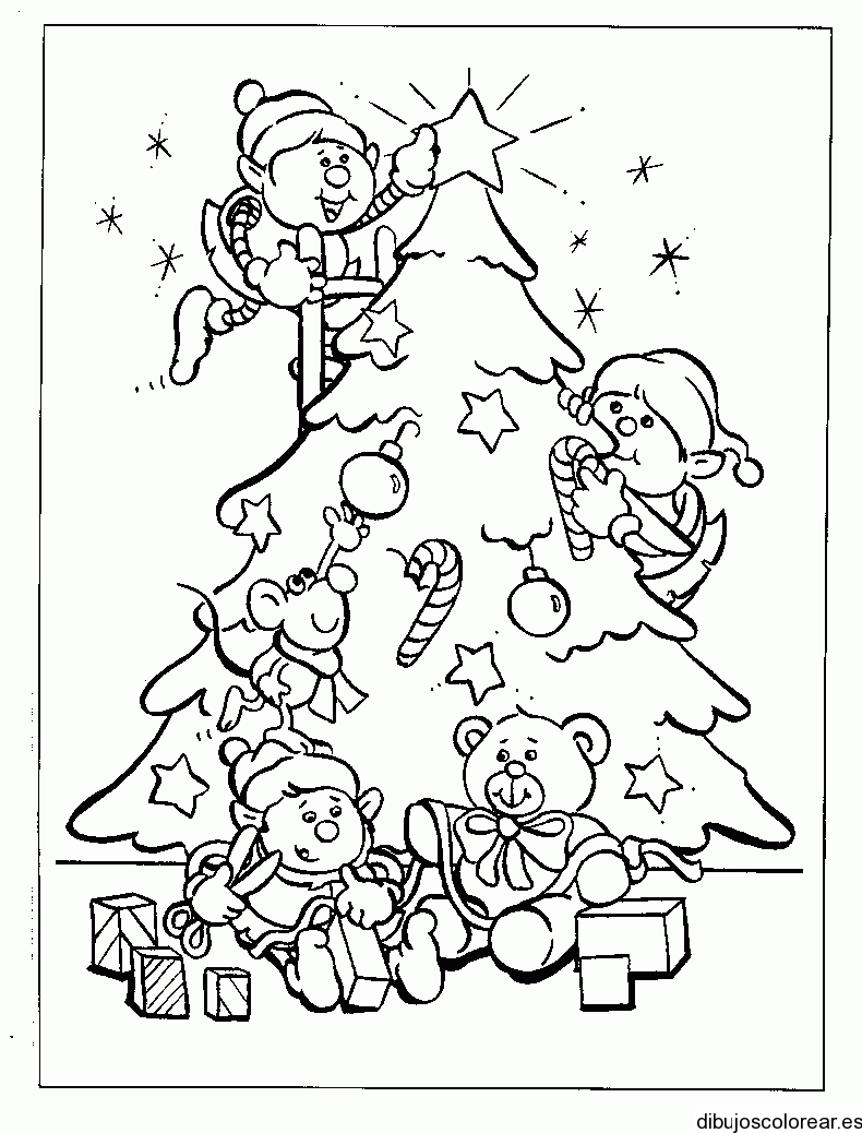 Dibujo de duendes decorando un árbol navideño