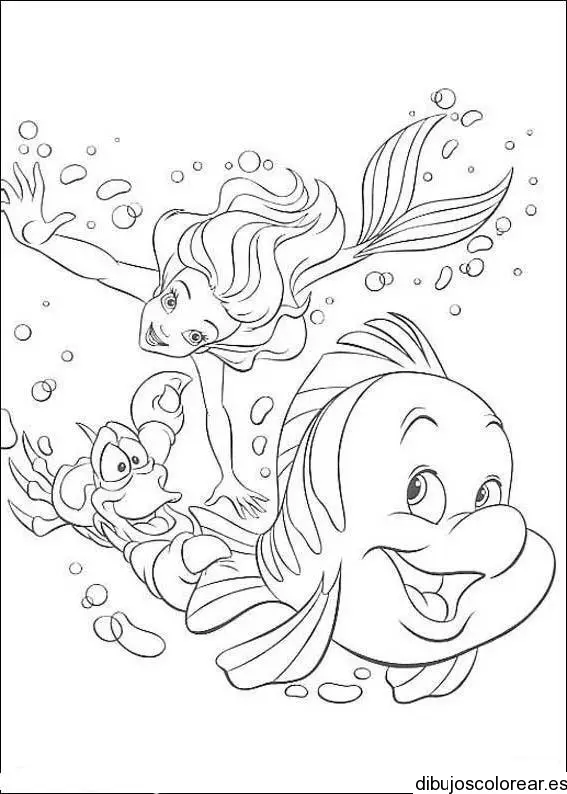Dibujo de Sirenita nadando con los peces