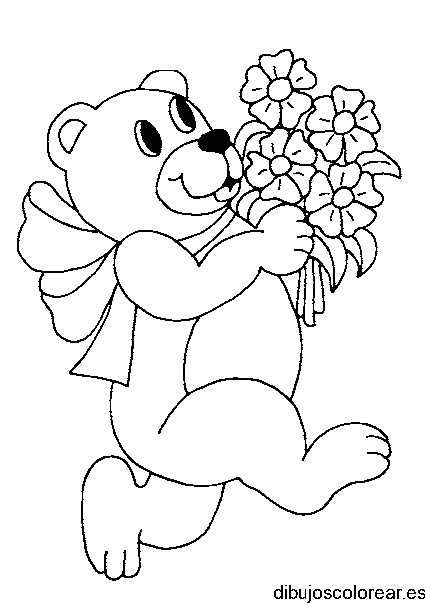 Dibujo de un oso con ramo de flores