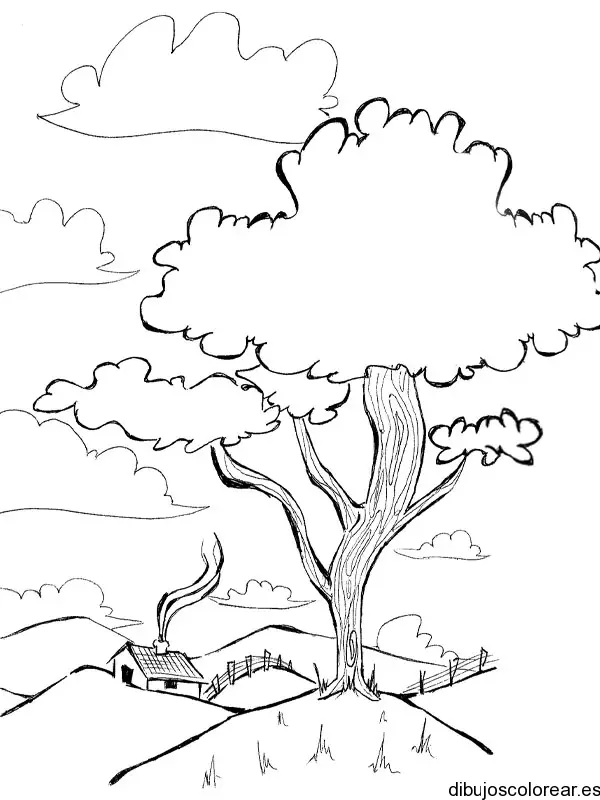 Dibujo de un gran árbol en la montaña
