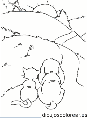 Dibujo de un perro y un gato en el camino 