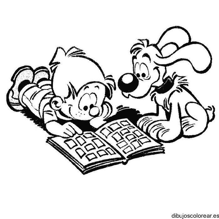 Dibujo de un niño con su perro leyendo