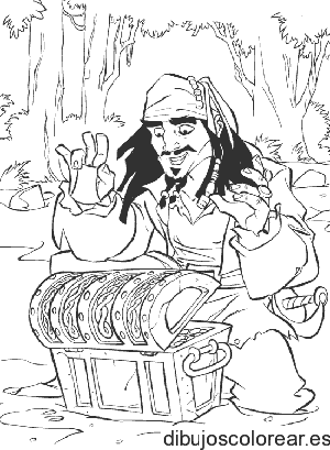 Dibujo de pirata y un cofre de oro
