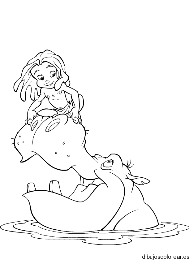 Dibujo de Tarzán niño con un hipópotamo