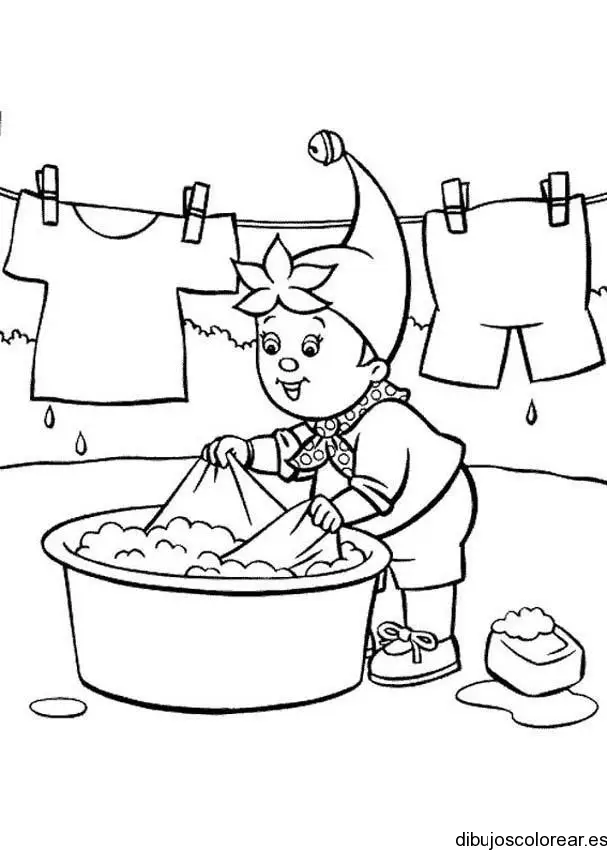 Dibujo de un duende tendiendo ropa