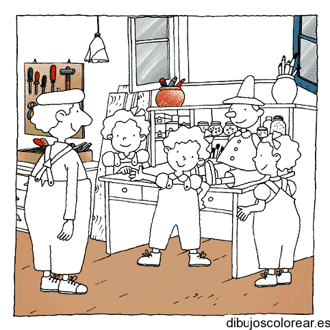 Dibujo de las tres mellizas en la cocina