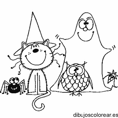 Dibujo de un gato, un búho y un fantasma